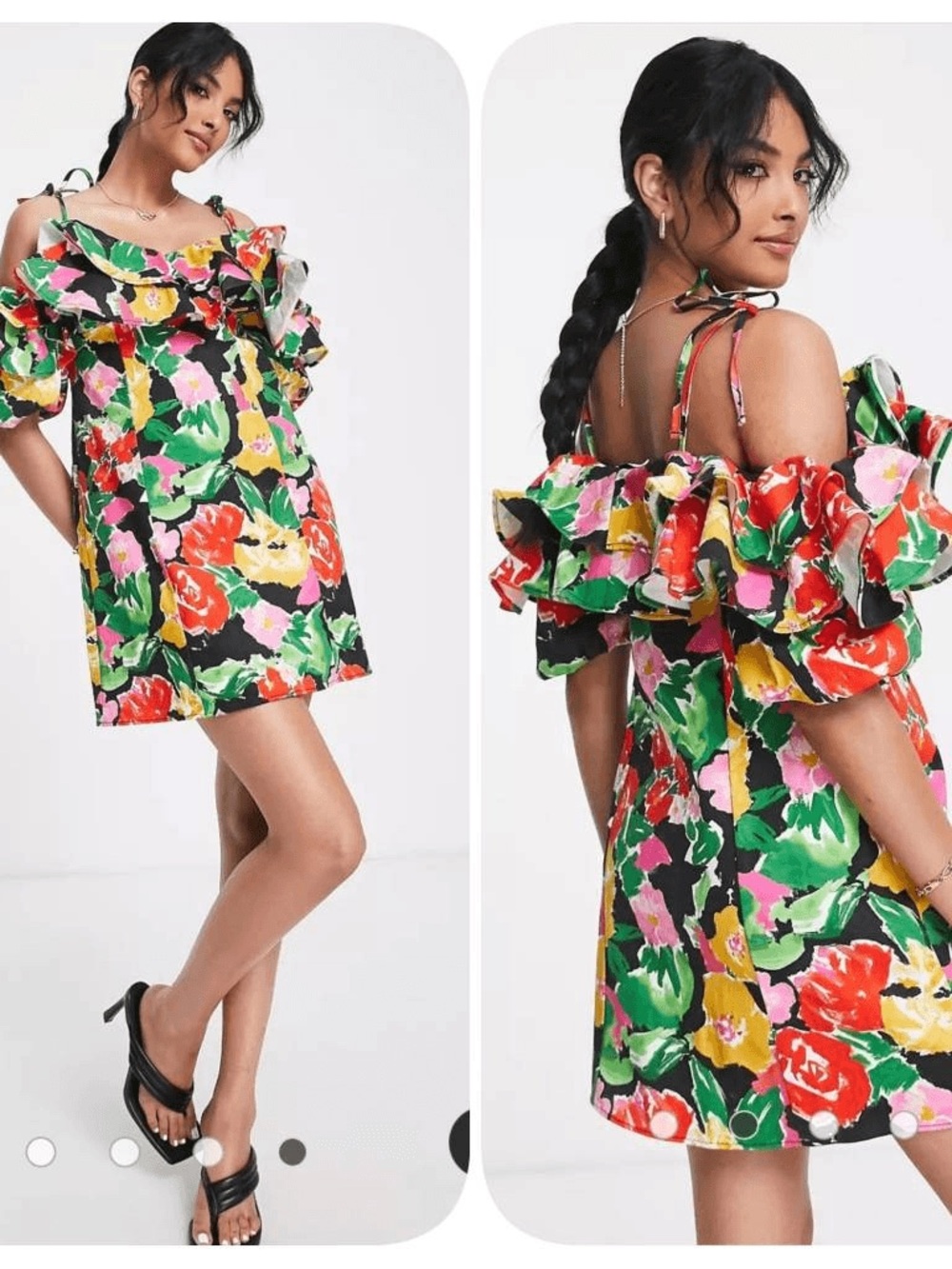 Topshop Bold Floral Ruffle Off-Shoulder Mini Dress - Black Multi Size 10